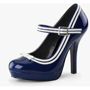 YDN Navy Platform Round Toe Pumps Single Strap High Heel Mary Jane Office Shoes